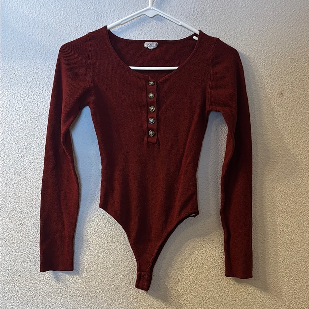 Garage Red Long Sleeve Bodysuit with Scoop Neckline